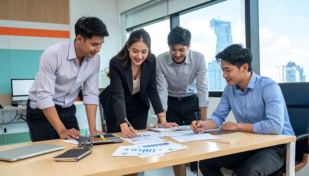 Four diverse colleagues gather, discussing charts and using pens at an office desk