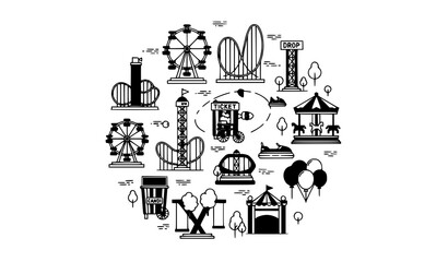 Naklejka premium Modern flat line amusement park icon collection with rides and attractions vector set isolated on white background