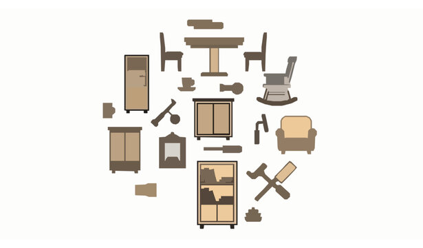 Minimal linear wood furniture icons set with tables chairs cupboard and carpenter tools vector collection isolated on white background