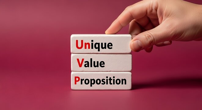 A hand holding blocks with the words unique value proposition