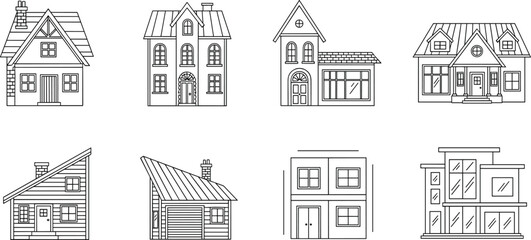 Naklejka premium Set of Various House and Building Illustrations in Black and White, Featuring Different Architectural Styles and Designs