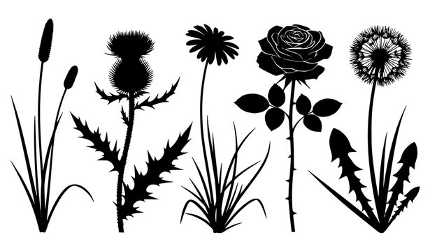 Vector silhouette flowers and plants set black thistle rose daisy dandelion