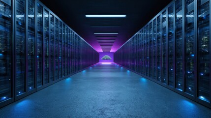Fototapeta premium Long Data Center Corridor With Small Distant Cloud