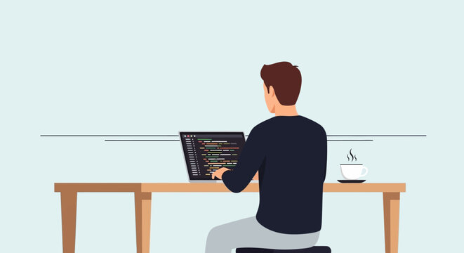 Focused young man working diligently on his laptop, coding and programming, with a coffee cup nearby at a wooden desk in a bright blue background.