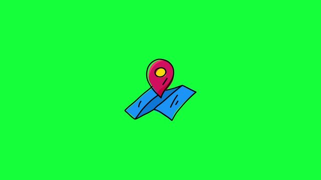 Hand-drawn style animation of a blue folded map with a red location pin popping up.ideal visual for travel planning, destination markers, navigation, and location-based storytelling