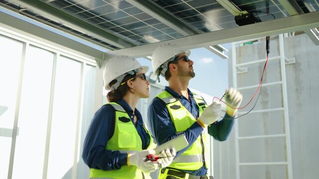 Two professional engineers in safety gear inspecting solar panels. Male technician uses a multimeter to test voltage while female worker records data on a smart tablet. Solar energy maintenance.