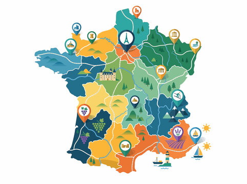 Map of France highlighting tourist attractions and regions with colorful icons and symbols, a visual guide to French travel destinations and cultural landmarks