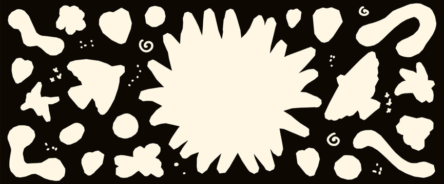 Bird and sun paper cutout set on dark background for folk scrapbook and collage. Naive ivory shapes with bird silhouettes and starburst. Vector sticker set with geometric cutout blobs, worm and doves.