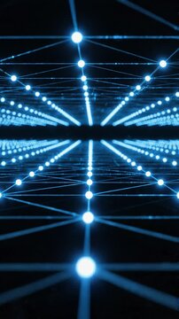 Futuristic technology network with glowing connections and data flow. Vertical.