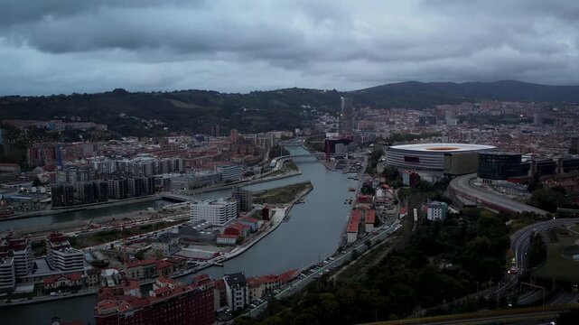 Aerial footage of Nervion river nearby Bilbao in the Basque Country. High quality 4k drone footage