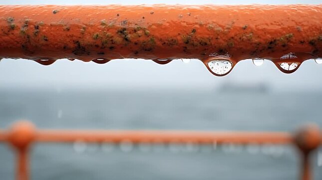 Close-up of raindrops clinging to a rusted orange metal bar. The water droplets reflect a blurred, out-of-focus background with a soft, natural aesthetic