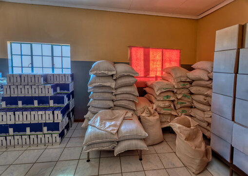 Interior View of a Community Hall Prepared for Food Relief Distribution