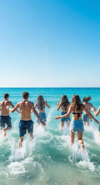 Group of young friends running into ocean.