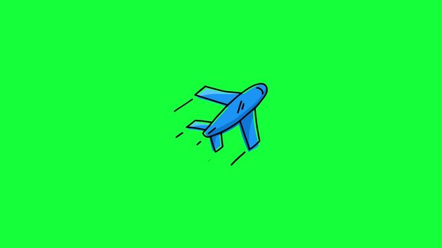 Hand drawn airplane animation for flight travel and aviation concepts. Doodle style motion graphics of a blue plane flying on green screen chroma key and white background. Ideal for tourism, airline