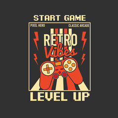 Strat Game Level Up Retro vibes game pad graphic tee poster © Saranya
