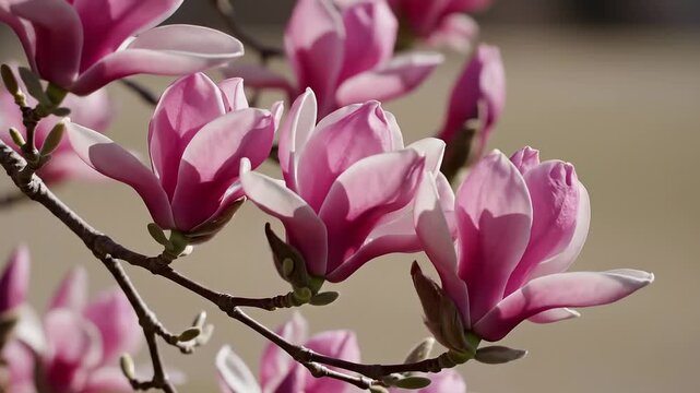 Close-Up of Pink Magnolia Flowers Blooming on a Branch in Spring Sunlight