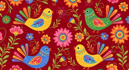 Obraz premium Whimsical birds and blooming flowers create a colorful folk art pattern on a deep purple background