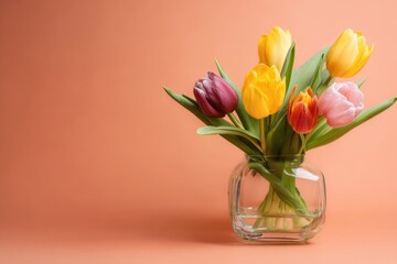 Obraz premium Colorful bouquet of fresh tulips in a glass vase on a salmon pink background, spring floral display