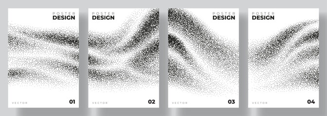 Vector posters with abstract grainy gradient texture. Collection of flyers with waves made by black stipple texture effect. Abstract black gradient waves or sand dunes with stipple effect. © Yaran