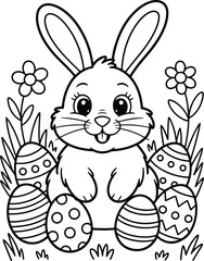 Obraz premium Easter Bunny Sitting in a Spring Garden with Decorated Easter Eggs Coloring Page for Kids