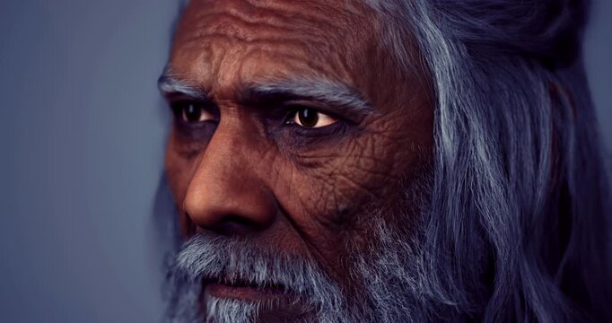 An elderly man with a weathered face characterized by deep wrinkles and long gray hair gazes pensively. His expressive eyes reflect a lifetime of experiences and wisdom.