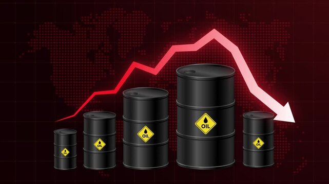 Oil price surge then sharp drop animation concept with barrels and red arrow chart. Illustrating falling oil price, energy crisis, market decline and economic recession