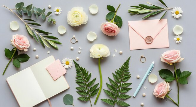 Spring flat lay with flowers and notebook, pastel workspace aesthetic background