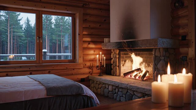 Cozy Winter Cabin Bedroom Interior with Fireplace and Candles. Seamless looping 4k video background