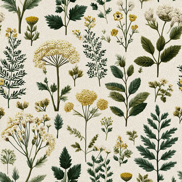 Wildflower botanical pattern with green leaves and yellow flowers on light textured background, creating calm and natural countryside style design