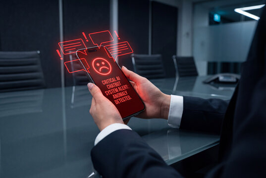 Professional holding smartphone with red critical AI chatbot alert and sad face icon