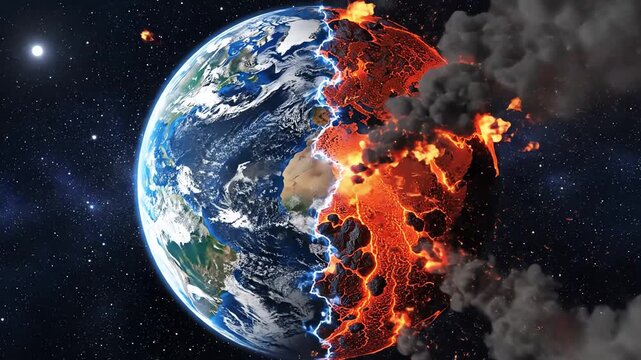Conceptual 3d render of earth splitting, half vibrant, half fiery with lava and smoke in space.