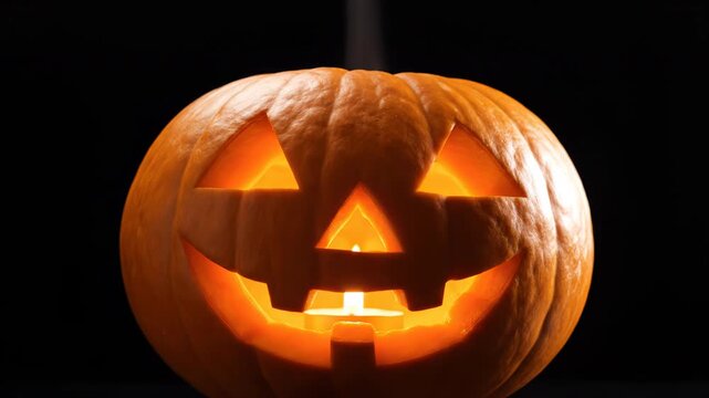Glowing jack-o-lantern with spooky face carved into orange pumpkin on dark background for Halloween