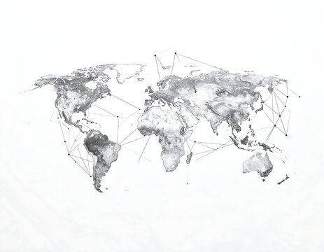 A grayscale world map with connected dots and lines