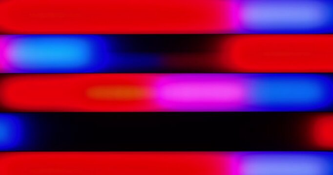Neon Horizontal Glowing Light Bars Abstract. Dynamic abstract footage featuring blurred horizontal neon bars in vibrant red pink purple and blue hues rhythmically shifting and pulsing.