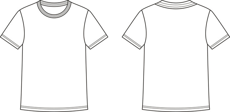 Blank T Shirt Front and Back View Outline Template Clothing Mockup Line Art Apparel Design Vector Illustration