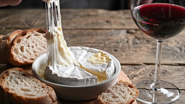 Hand Dipping Bread Into Melted Camembert Cheese With Red Wine on Wooden Table