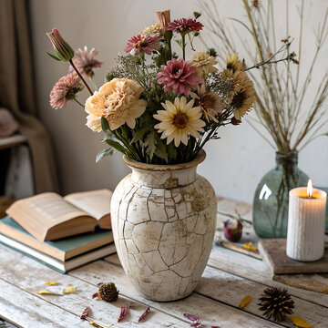 Rustic Vase with Vintage Flower Bouquet on Wooden Table in Natural Light