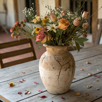 Rustic Vase with Vintage Flower Bouquet on Wooden Table in Natural Light
