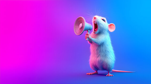 A cute mouse excitedly speaks into a large megaphone