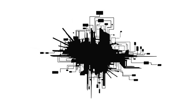 black ink splatter with circuit board lines abstract design element