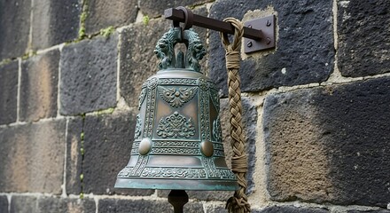 Obraz premium A weathered bronze bell hangs from a stone wall