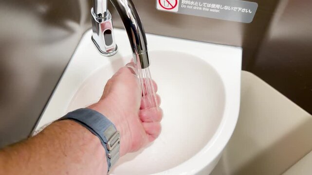 Person Washing Hands Under Automatic Sensor Faucet in Public Restroom