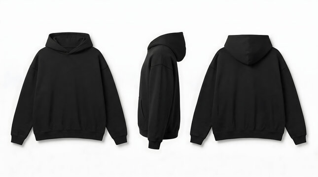 Premium Blank Black Oversized Hoodie Mockup with Front Side and Back Views, Minimalist Streetwear Apparel Template Isolated on Clean White Background with Realistic Fabric Texture and Soft Studio