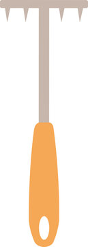 Orange handled hand rake vector illustration with metal tines, ideal for gardening, soil loosening, weeding, and landscaping design projects.