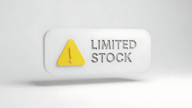 A white sign with a yellow warning triangle and the words LIMITED STOCK in gray letters