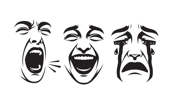 Stylized comic faces expressing happiness, sadness, and crying on white background for emotional concepts