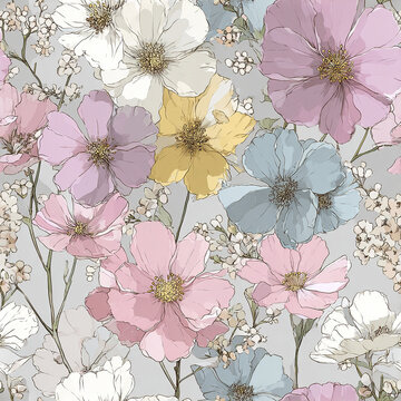 Delicate pastel garden floral pattern with soft pink, blue, yellow, and white flowers on light background, creating gentle and elegant springtime atmosphere
