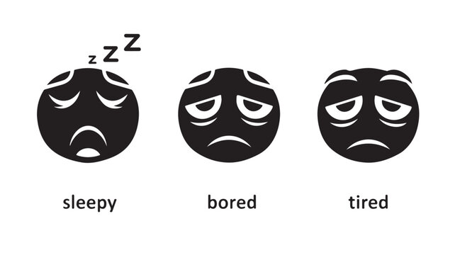 Emoticon faces feeling sleepy, bored, and tired on white background for emotion and fatigue concepts