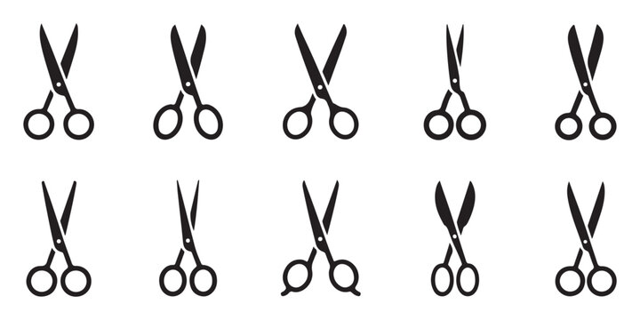 Group of professional barber scissors icons in black silhouette style