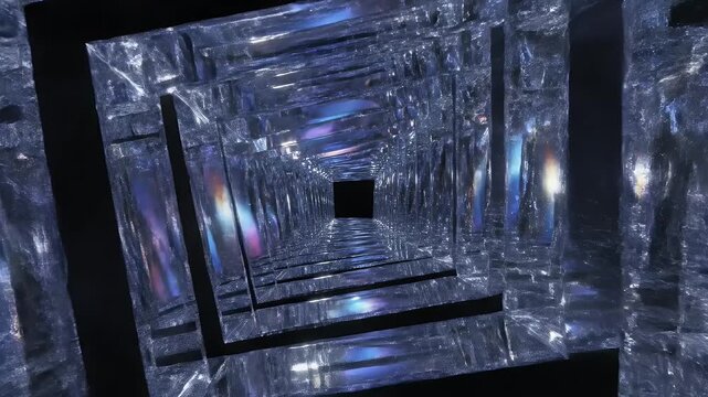 Abstract 3D Rendered Tunnel with Reflective Glass and Blue Light Refractions.